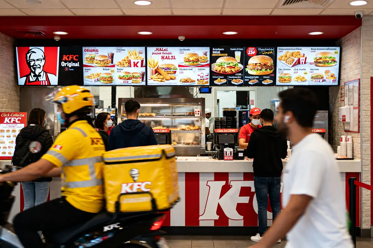 Clients commandant au comptoir dans un restaurant KFC France avec livreur en scooter