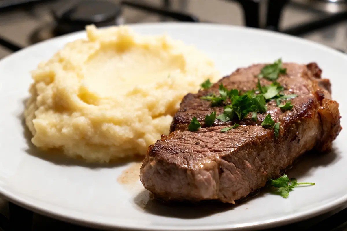 Steak juteux avec purée crémeuse, parfait accompagnement purée viande et herbes fraîches