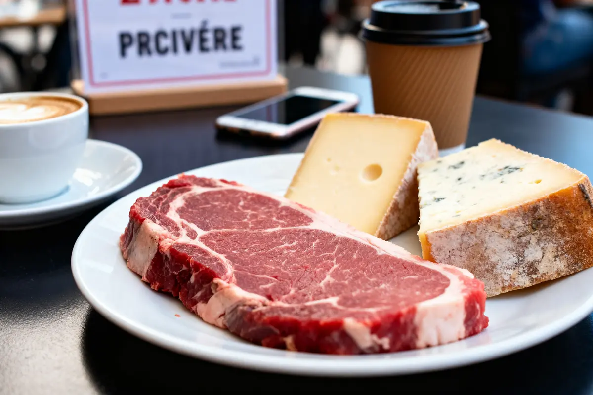 Viande et fromages sur table, exemples d'aliments acides à éviter pour la santé