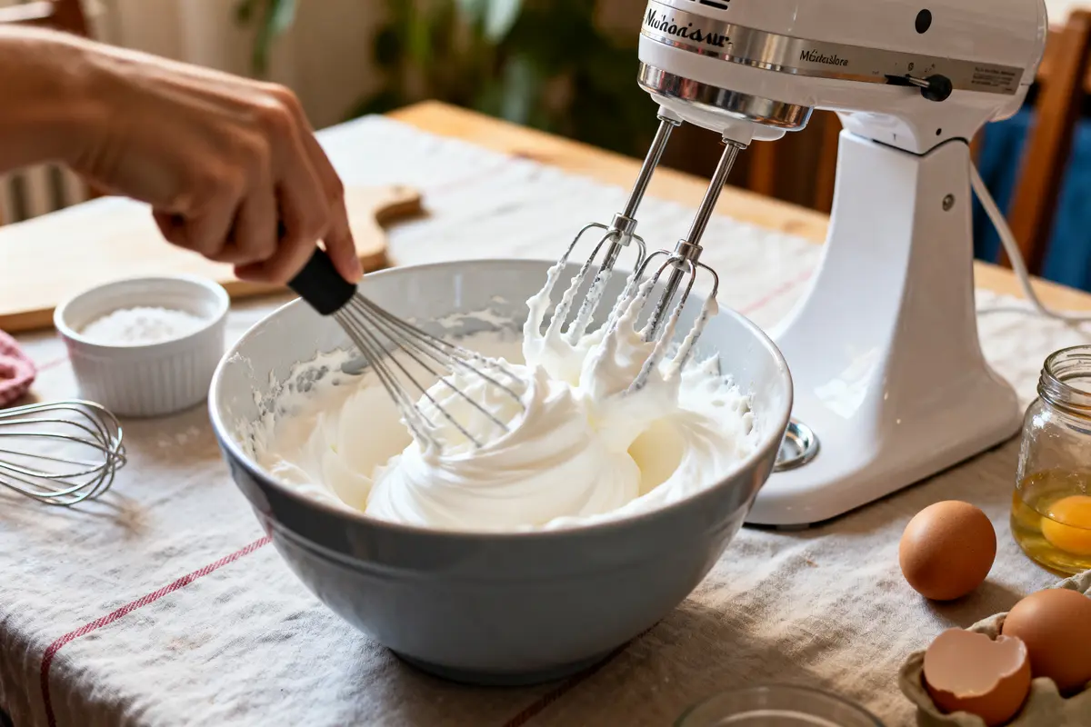 Fouetter des blancs en neige avec Monsieur Cuisine dans un bol sur une table de cuisine