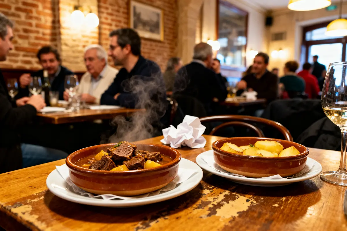 Repas convivial dans une des brasseries à Limoges avec plats mijotés et ambiance chaleureuse