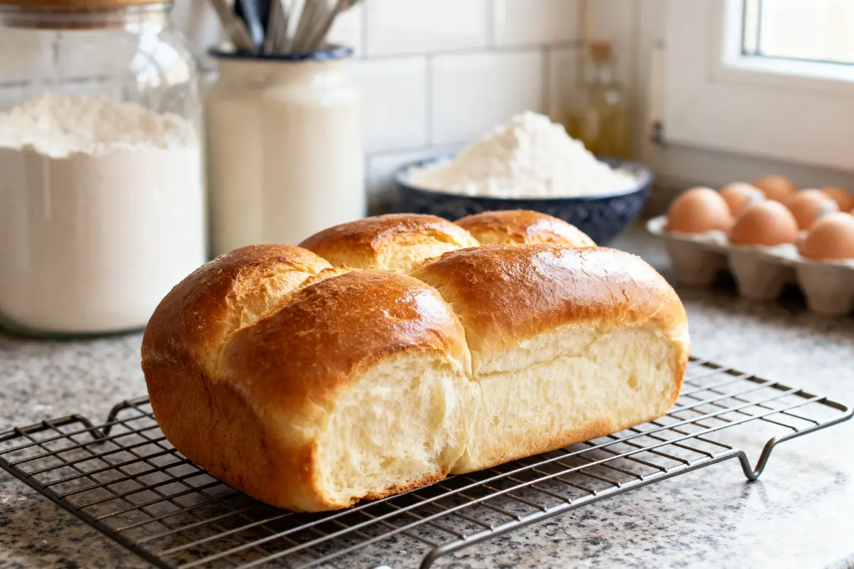 Sur un grille, brioche dorée faite avec Monsieur Cuisine entourée de farine et œufs.