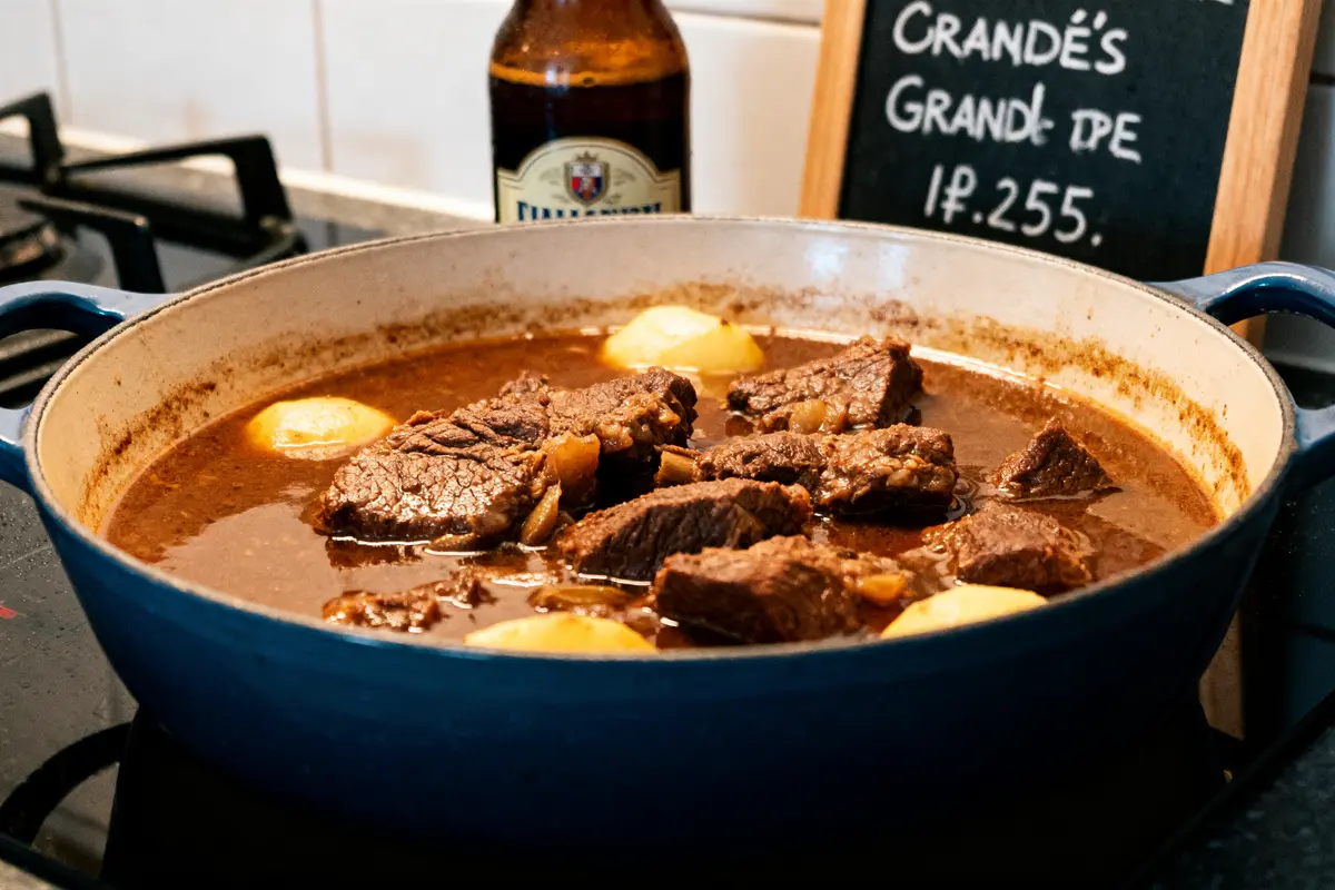 Cocotte mijotant une carbonade à la flamande façon grand-mère sur une cuisinière à gaz