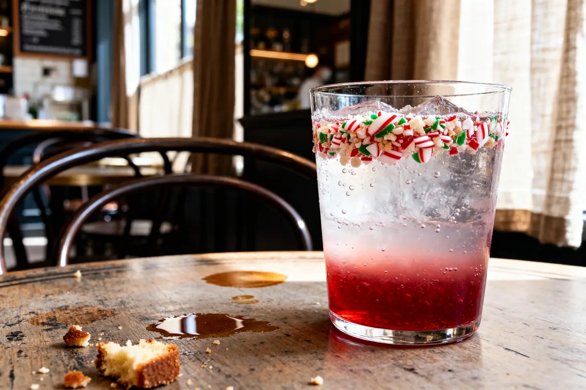 Cocktail bonbon Candy Cane Spritzer sur table en bois avec miettes de gâteau et éclaboussures