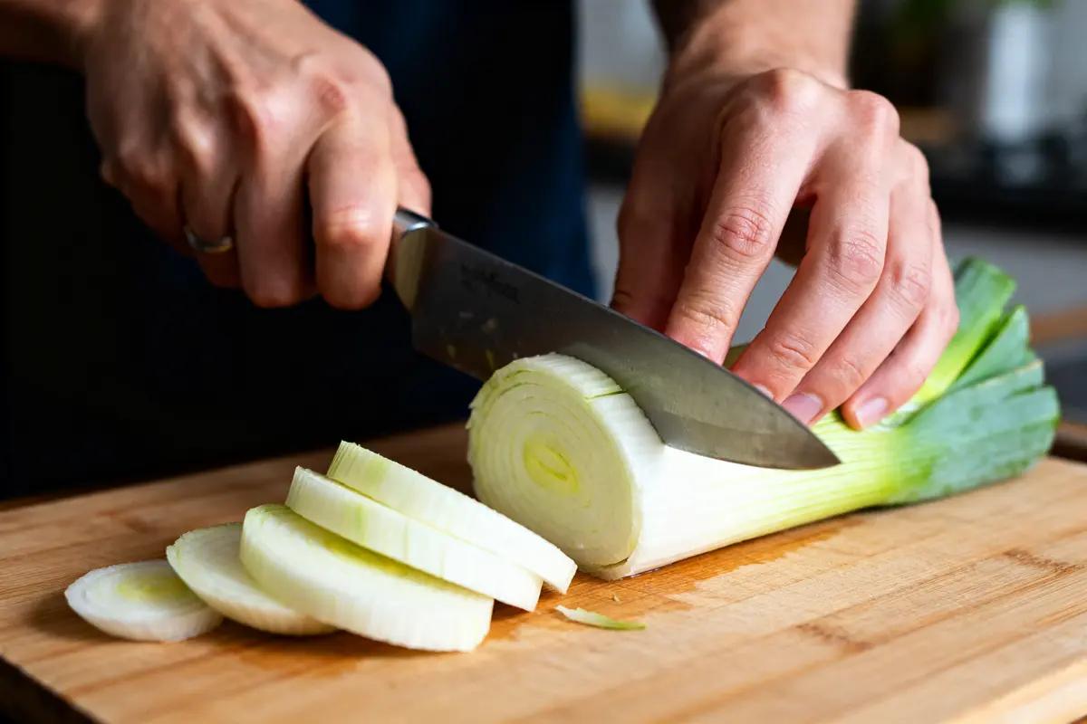Personne coupant un poireau sur une planche, pas comment couper un fenouil