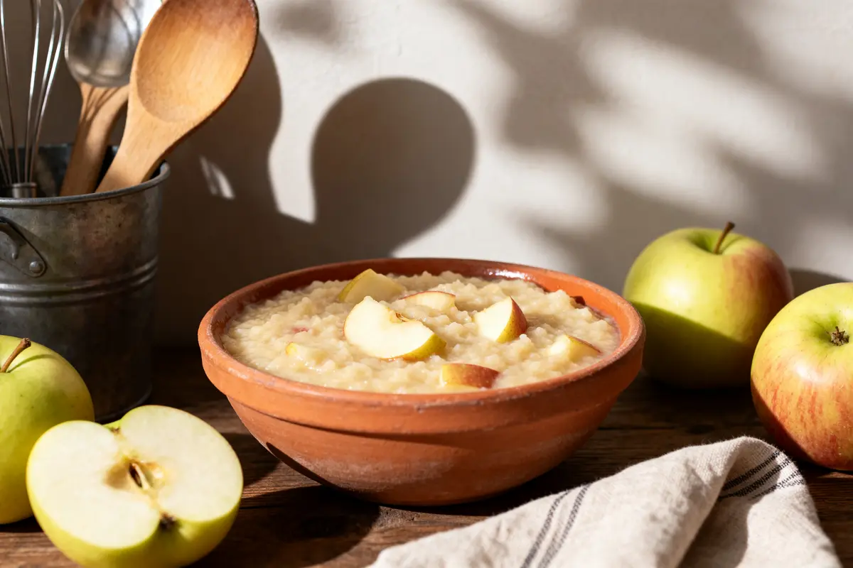 Bol de compote de pommes façon grand-mère avec des pommes fraîches et ustensiles en arrière-plan