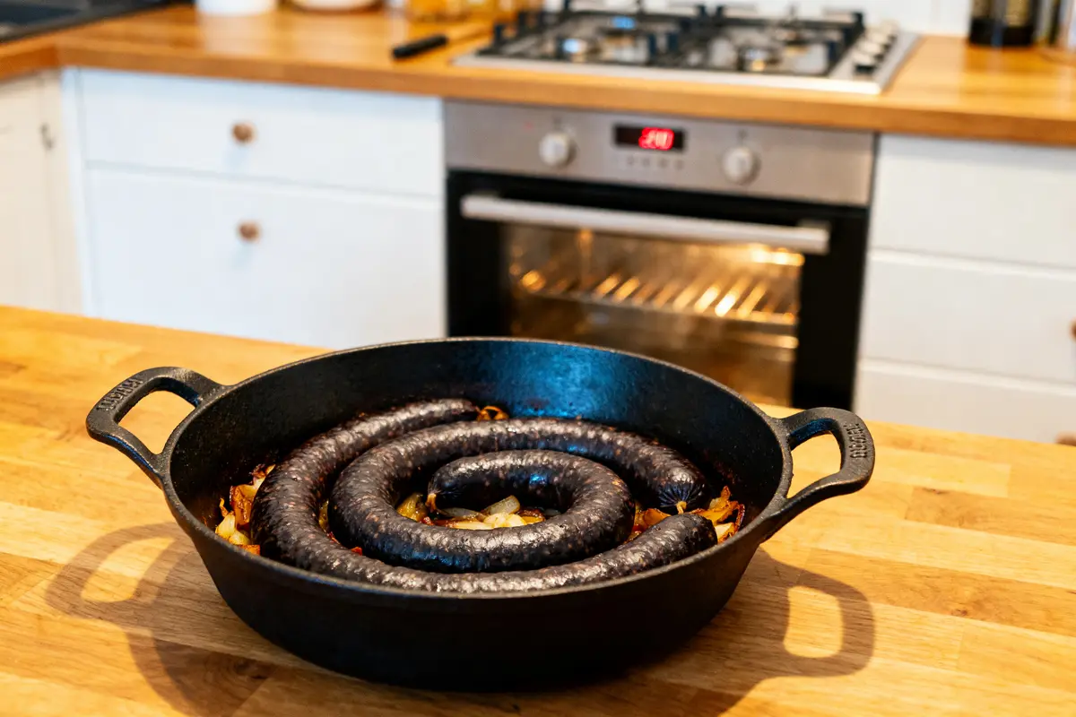 Plat en fonte avec cuisson du boudin noir au four dans une cuisine moderne