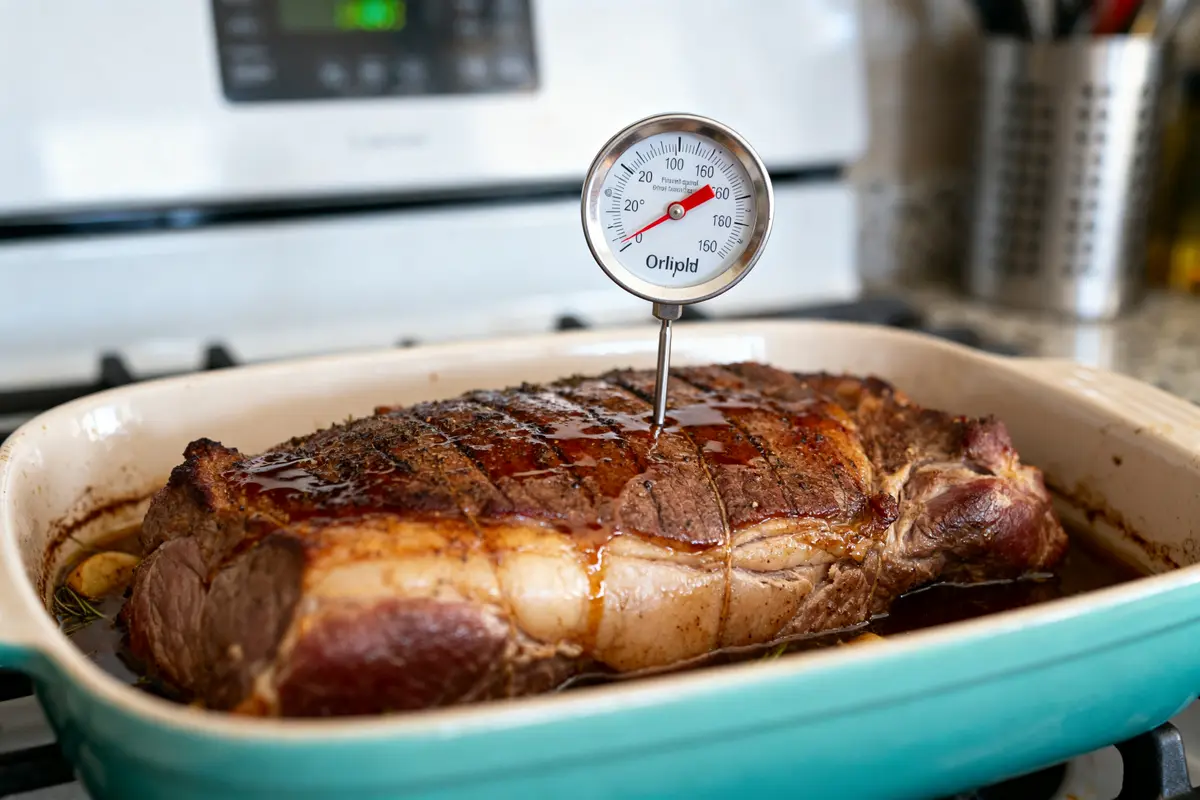 Thermomètre vérifiant la cuisson du rôti Orloff dans un plat à four sur cuisinière