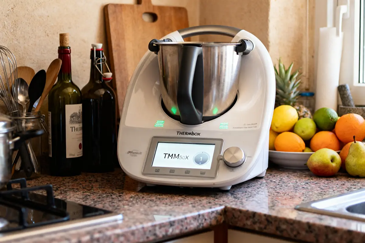 Robot culinaire Thermomix sur comptoir avec fruits et boissons date de sortie du nouveau Thermomix TM7