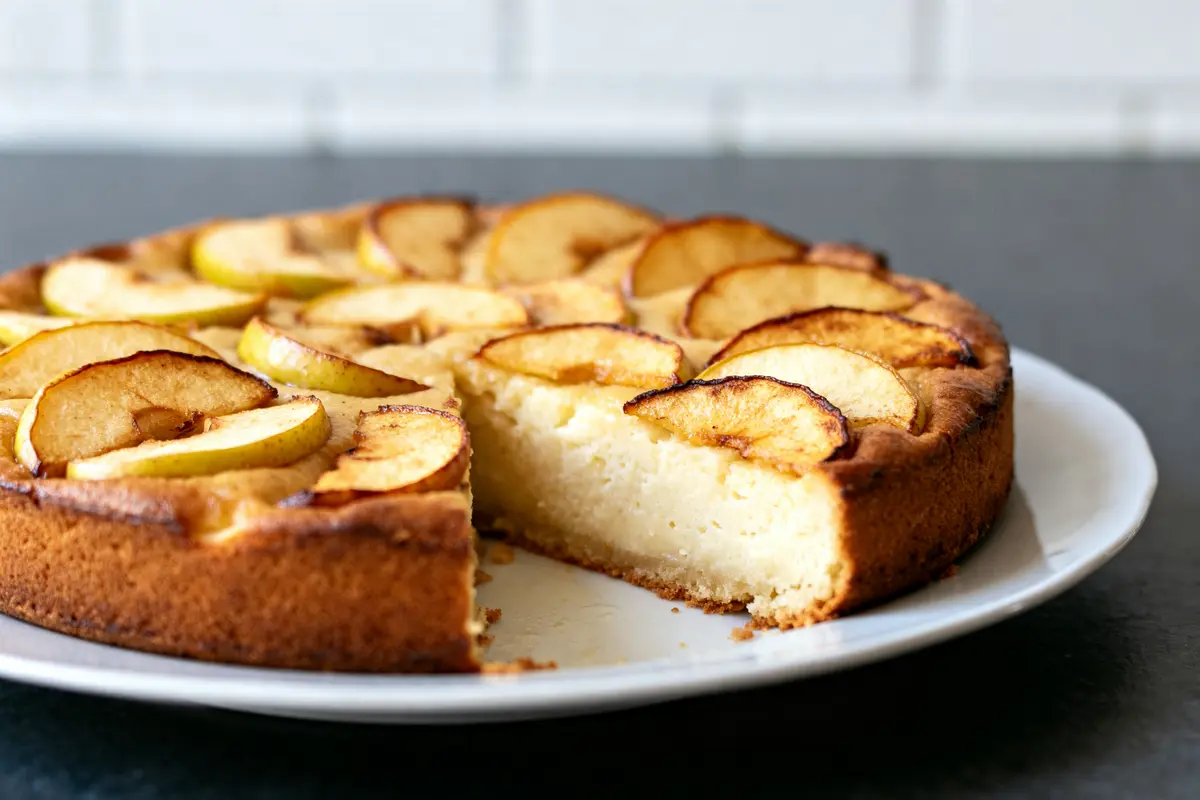Flognarde aux pommes servie sur une assiette blanche avec une part manquante