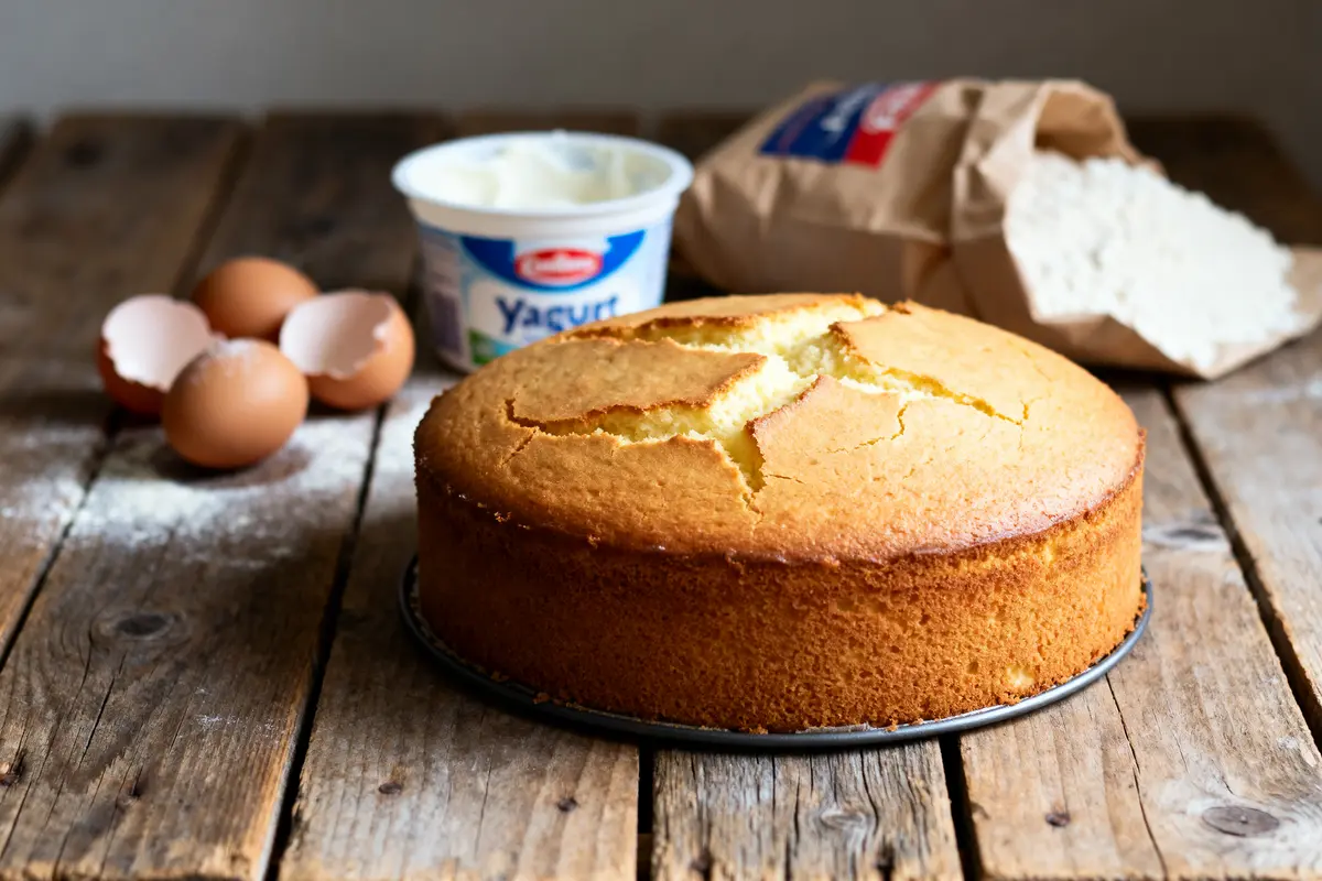 Gâteau au yaourt frais avec ingrédients sur table en bois rustique