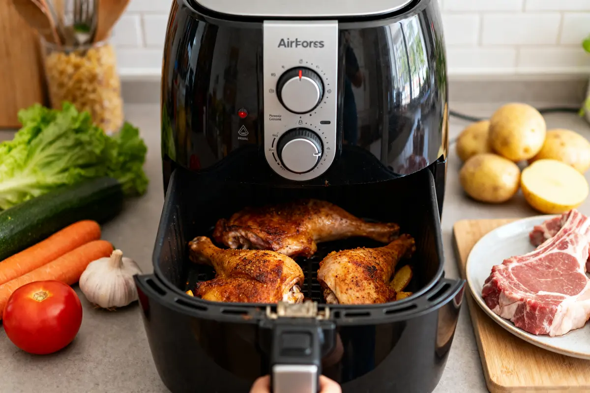 Cuisses de poulet dorées dans Airfryer avec légumes frais quel Airfryer choisir