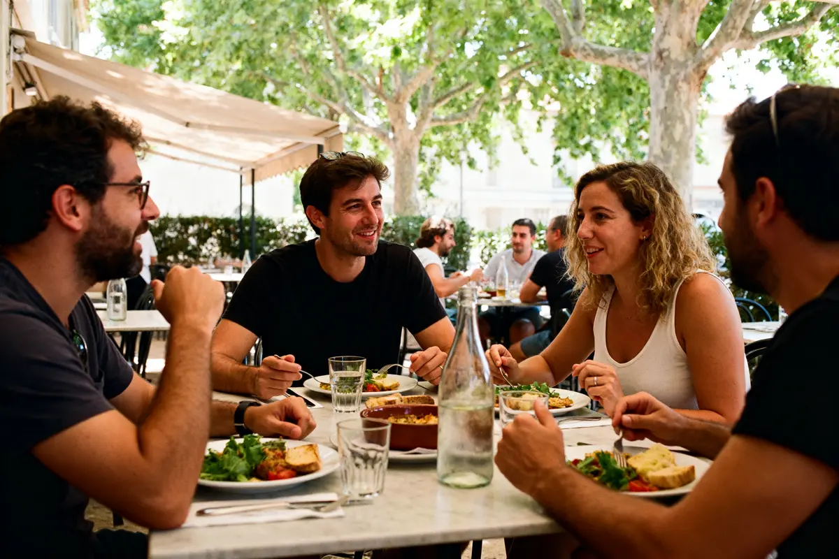 Groupe d'amis savourant un repas convivial en terrasse au restaurant Le Traditionnel