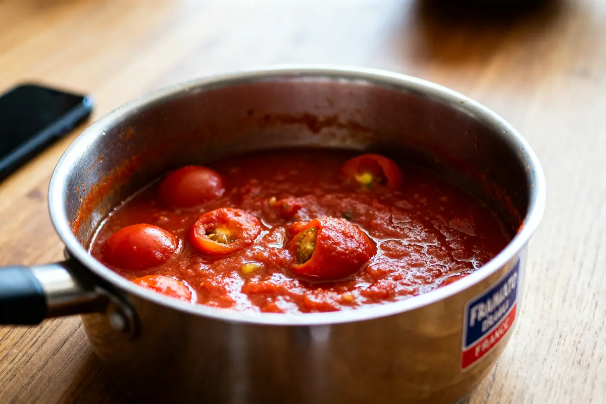 Casserole contenant sauce tomate maison avec tomates cerises coupées sur table en bois.