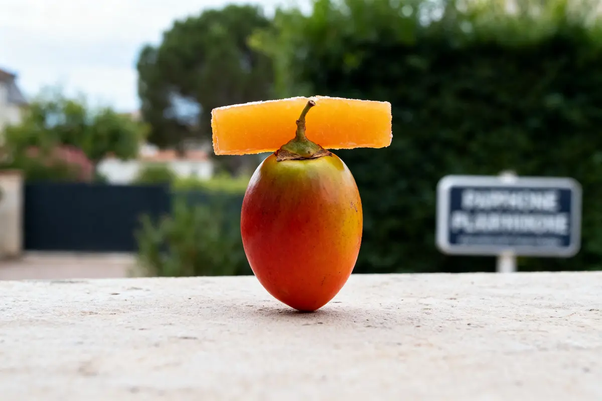 Mango surmonté d'une tranche de fruit en T posée sur une table extérieure