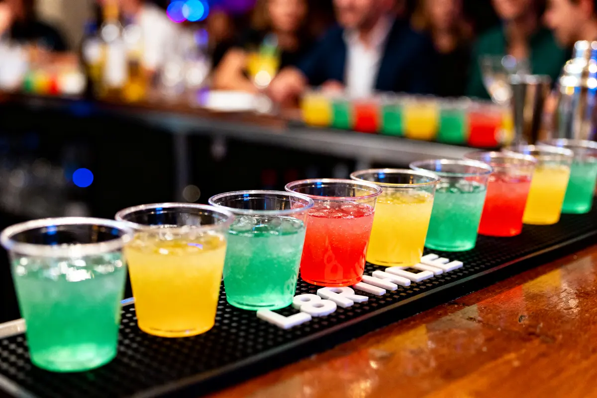 Rangée de jello shots shooters colorés sur un bar animé par des invités.