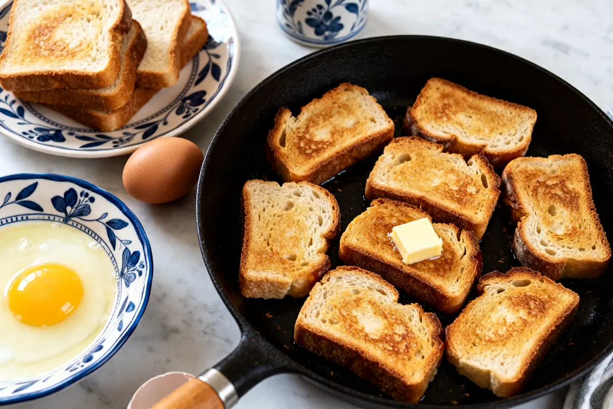 Pain perdu doré à la poêle avec tranche de beurre et œuf à côté