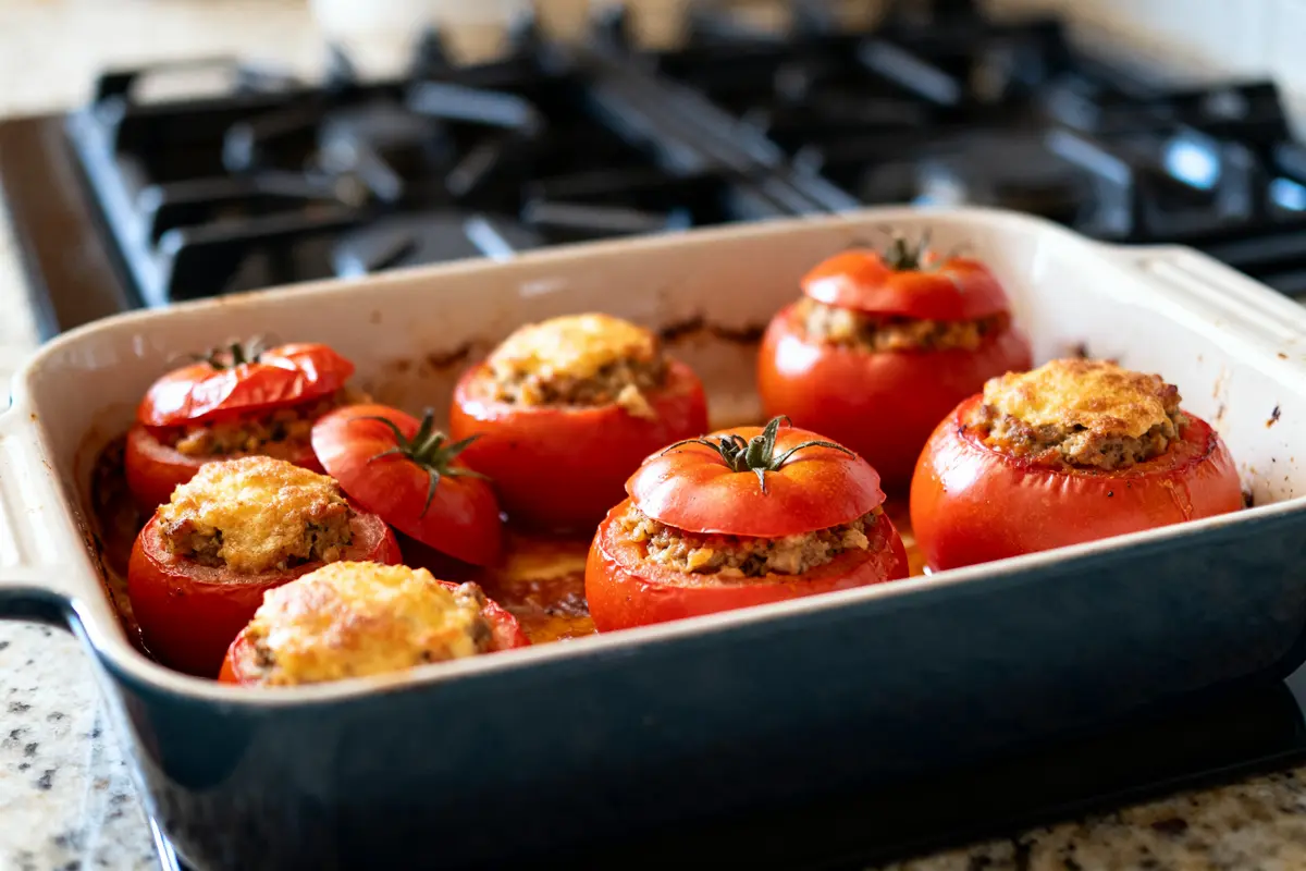 Tomates farcies dans un plat au four chaleur tournante temps de cuisson optimal maîtrisé