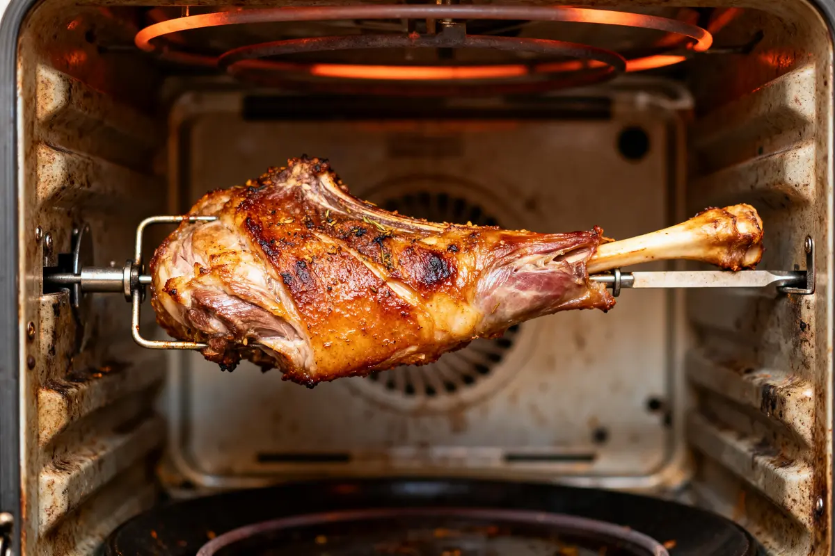 Gigot d'agneau rôti dans four chaleur tournante illustrant temps de cuisson idéal