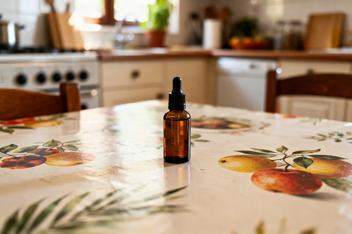 Flacon de 30 ml en verre sur une table de cuisine avec motif fruité