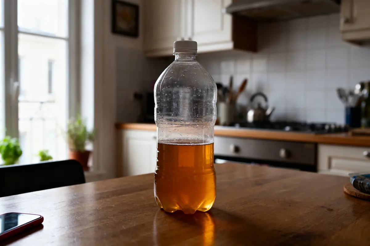 Bouteille de jus sur table de cuisine, mesurant 50 cl convertis en ml.