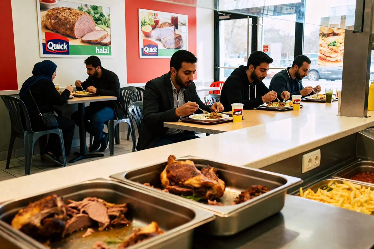 Des clients dégustent des repas chez Quick halal avec buffet de viandes et frites.