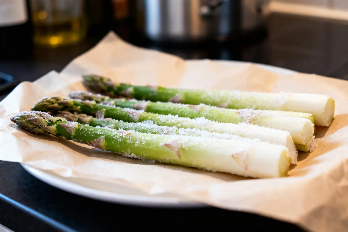 Quatre asperges congelées sur assiette, recouvertes de cristaux de glace, prêtes à cuisiner