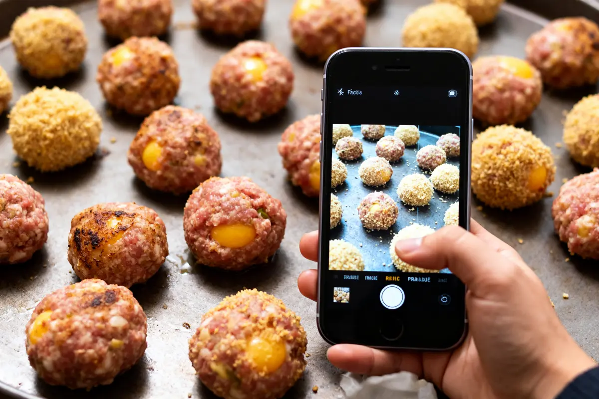 Personne photographiant des boulettes pour couscous crues sur une plaque de cuisson.