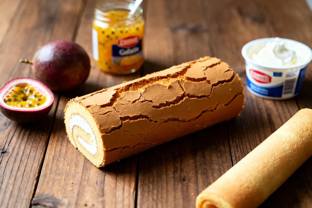 Bûche à la passion avec fruits et confiture sur table en bois rustique