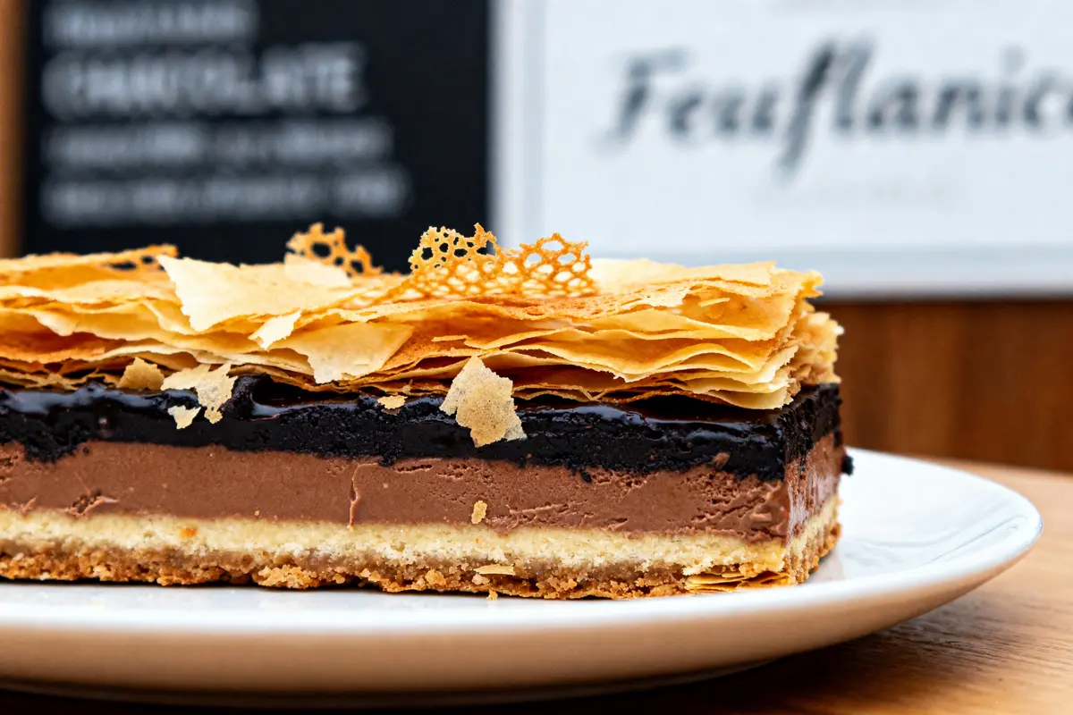 Feuillantine au chocolat croustillante sur assiette en gros plan avec fond flou