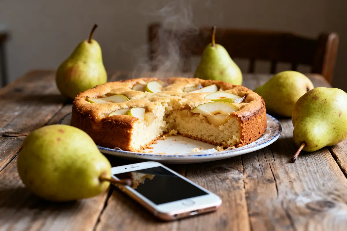 Gâteau aux poires façon grand-mère entouré de poires fraîches sur table en bois rustique