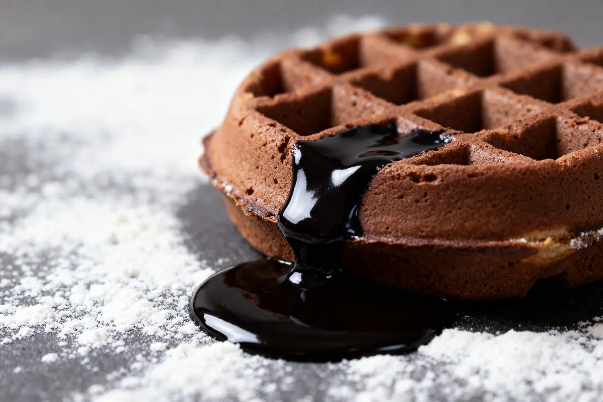 Gaufre au chocolat nappée de sauce fondante sur fond de sucre glace blanc