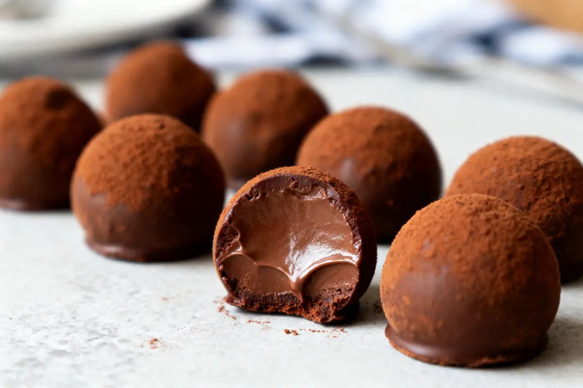 Truffes chocolatées ouvertes, révélant intérieur fondant, démontrant caractéristiques des chocolats appelés truffes