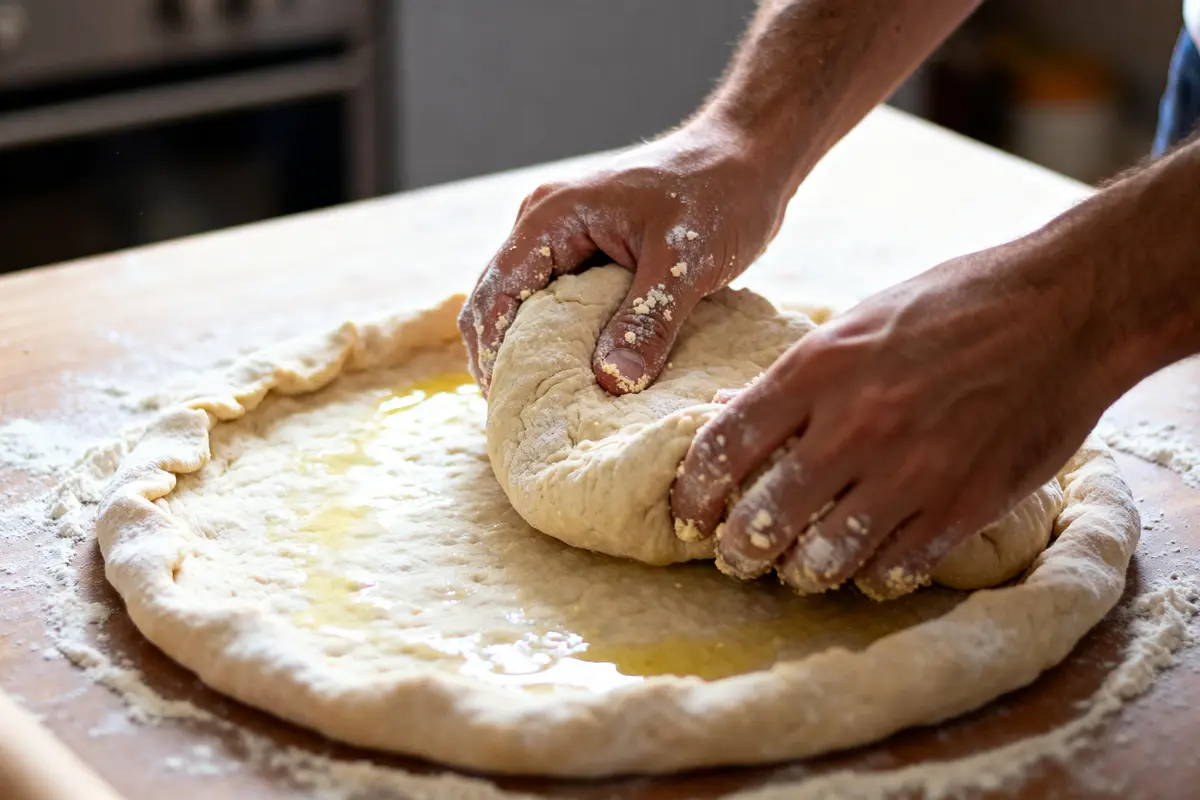 Préparation de pâte à tarte flambée avec de l'huile sur une table en bois