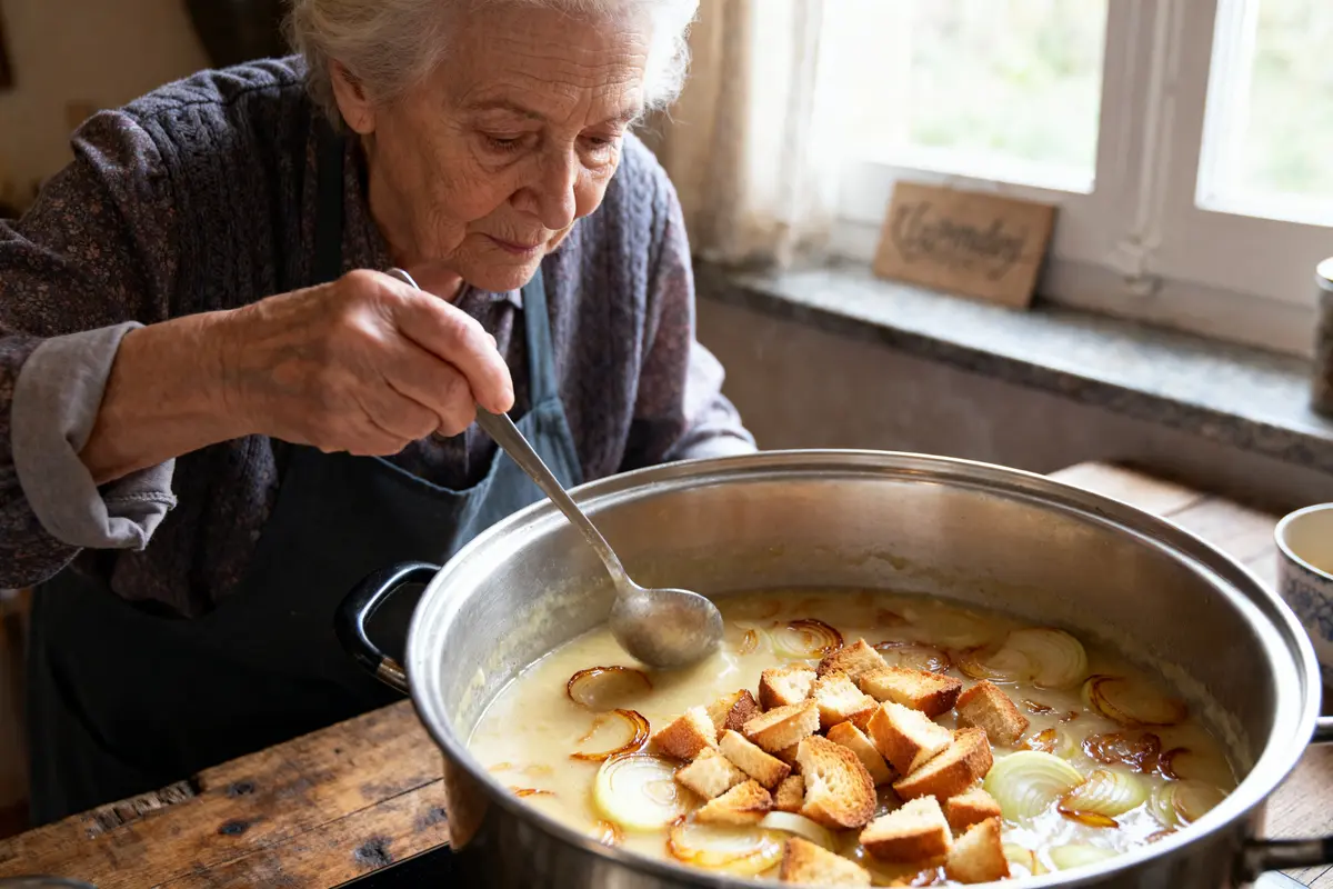 Femme âgée préparant une recette de grand-mère de soupe à l'oignon maison dans une casserole