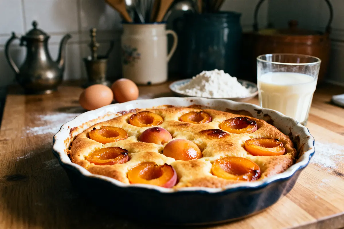 Clafoutis aux abricots sur table en bois, suivant une recette de grand-mère.