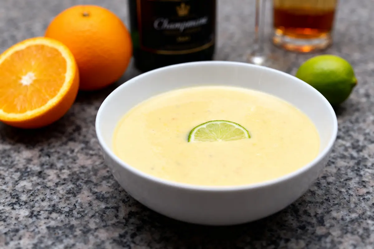 Bol de soupe champenoise avec agrumes et bouteille, illustrant la recette de soupe champenoise