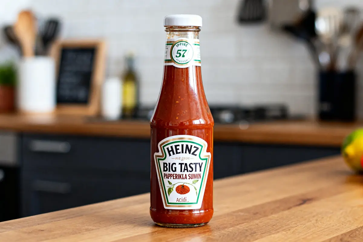 Bouteille de sauce Big Tasty Heinz posée sur un plan de travail en cuisine