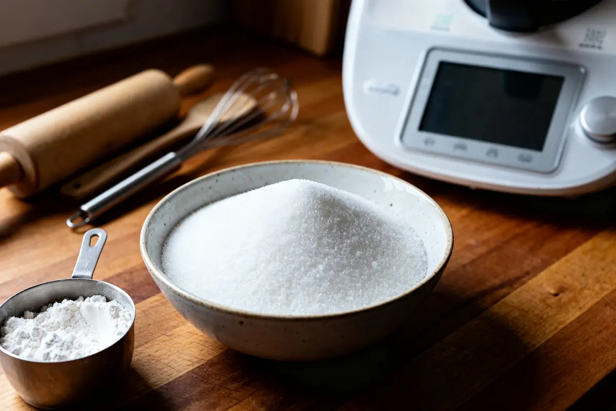 Bol de sucre et ustensiles pour préparer du sucre glace avec Thermomix